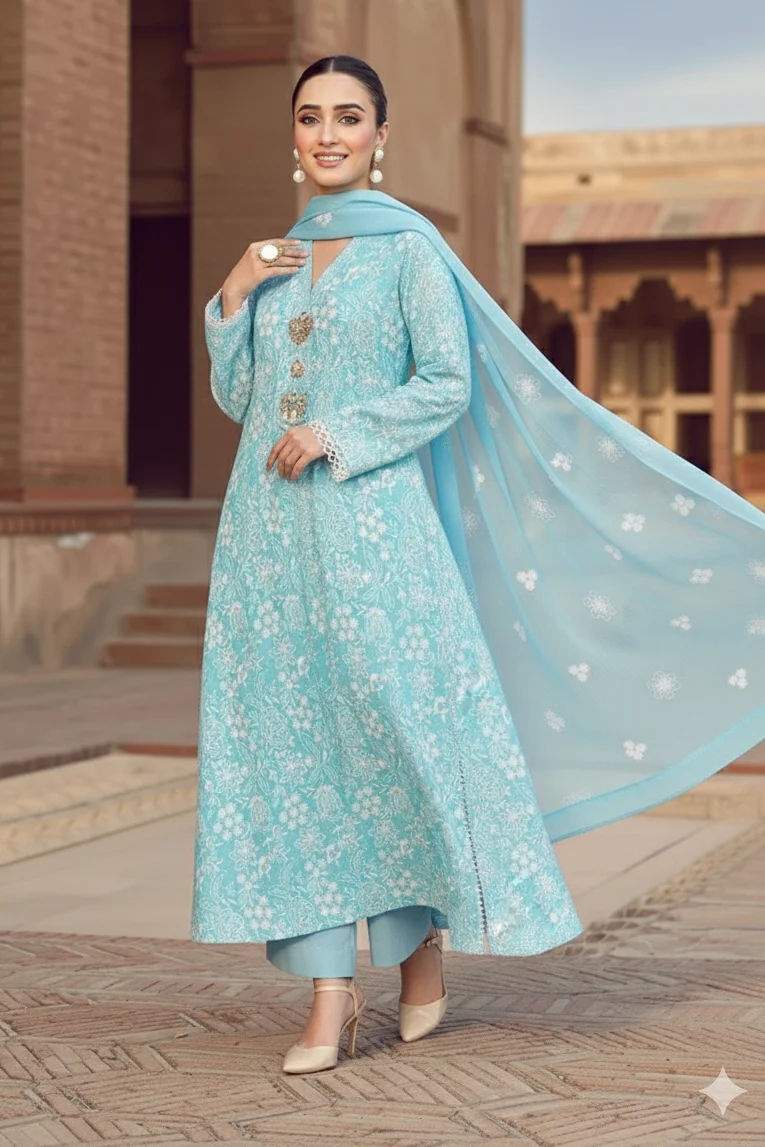3 Piece Unstitched Heavy Embroidered Lawn Suit ( Fully Embroidered Bamber Chiffon Dupatta ) - Image 2