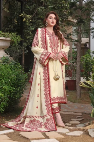 Unstitched 3 Piece Fully Embroidered Dhanak Suit with Printed Dhanak Shawl