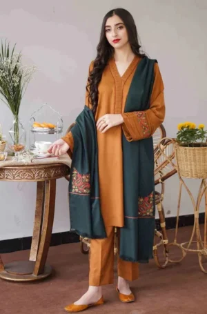 3 Piece Unstitched Heavy Embroidered Dhanak Suit ( Embroidered Dhanak Shawl )