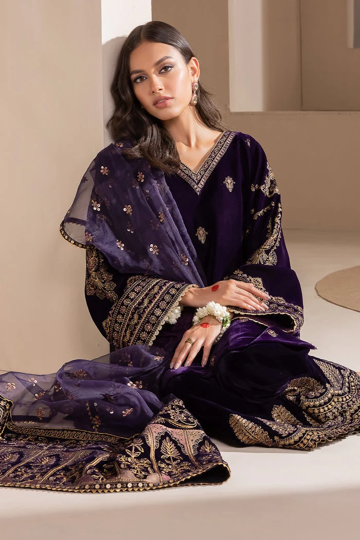 3 Piece Unstitched Heavy Embroidered Velvet Suit with Heavy Embroidered Organza Dupatta - Image 2