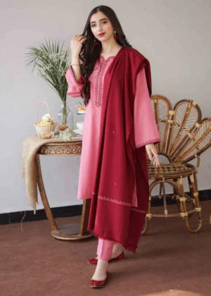 3 Piece Unstitched Embroidered Dhanak Suit with Dhanak Embroided wool Shawl