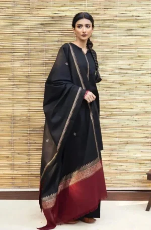 Unstitched Heavy Embroidered Dhanak Suit 3 piece-with Wool Shawl