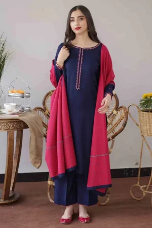 3 Piece Unstitched Heavy Embroidered Dhanak Suit with Embroidered Dhanak Wool Shawl