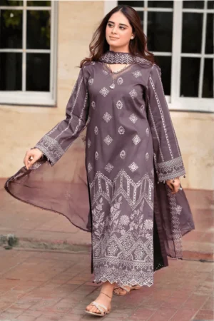 Unstitched 3 Piece Fully Embroidered Lawn Suit with Embroidered Shiffon Dupatta