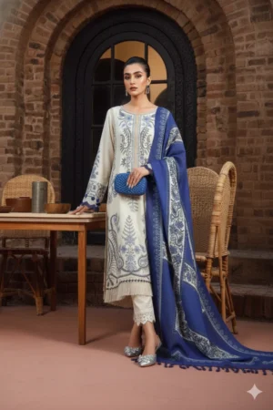 3 Piece Unstitched Heavy Embroidered Dhanak Suit with Wool Shawl