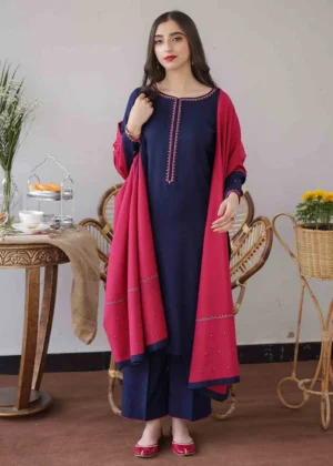 3 Piece Unstitched Heavy Embroidered Dhanak Suit with Embroidered Dhanak Wool Shawl
