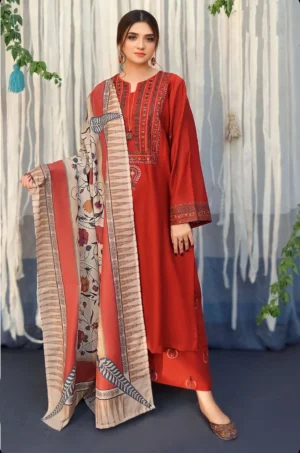 3 Piece Unstitched Heavy Embroidered Dhanak Suit ( Printed Woolen Shawl )