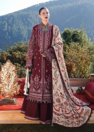 Unstitched 3 Piece Fully Embroidered Dhanak Suit with Embroidered Dhanak Shawl