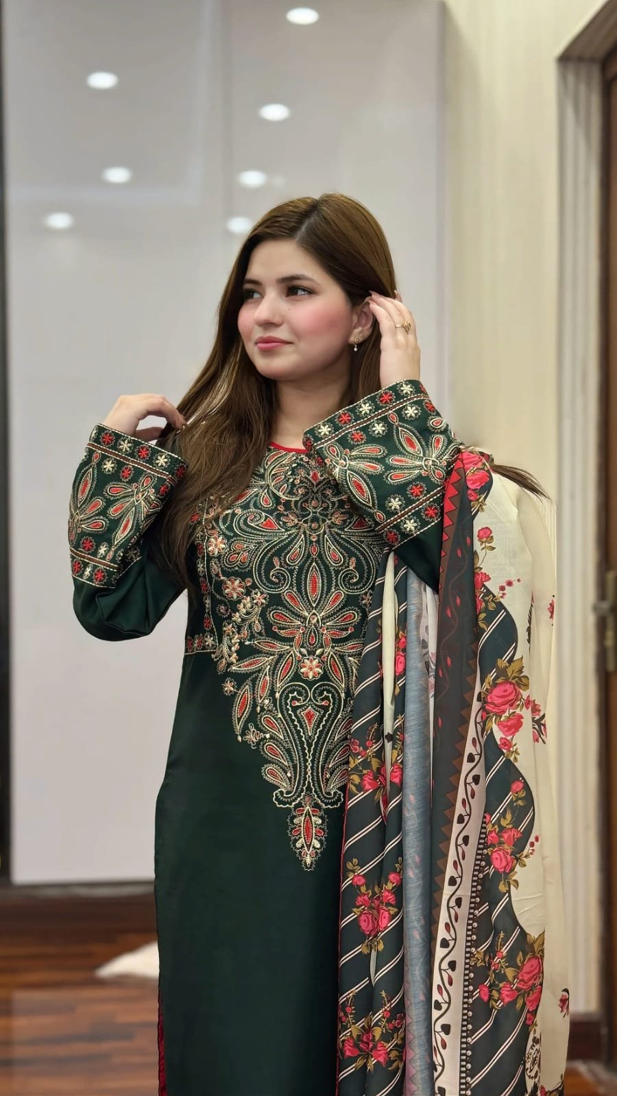 Unstitched 3 Piece Fully Embroidered Dhanak Fabric With Printed Blended Shawl - Image 4