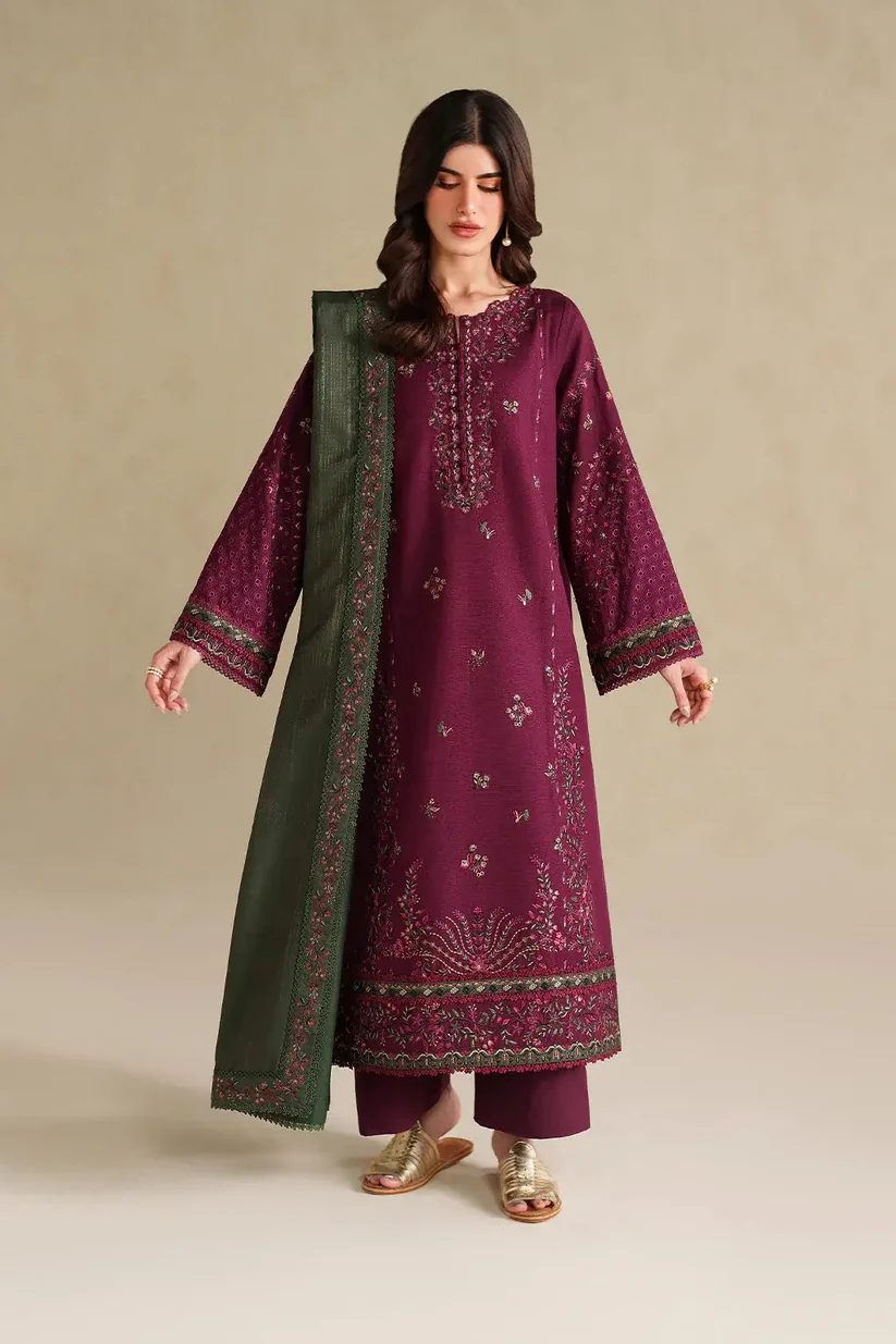 3 Piece Unstitched Embroidered Dhanak Fabric With Four-Sided Embroidered Shawl - Image 3