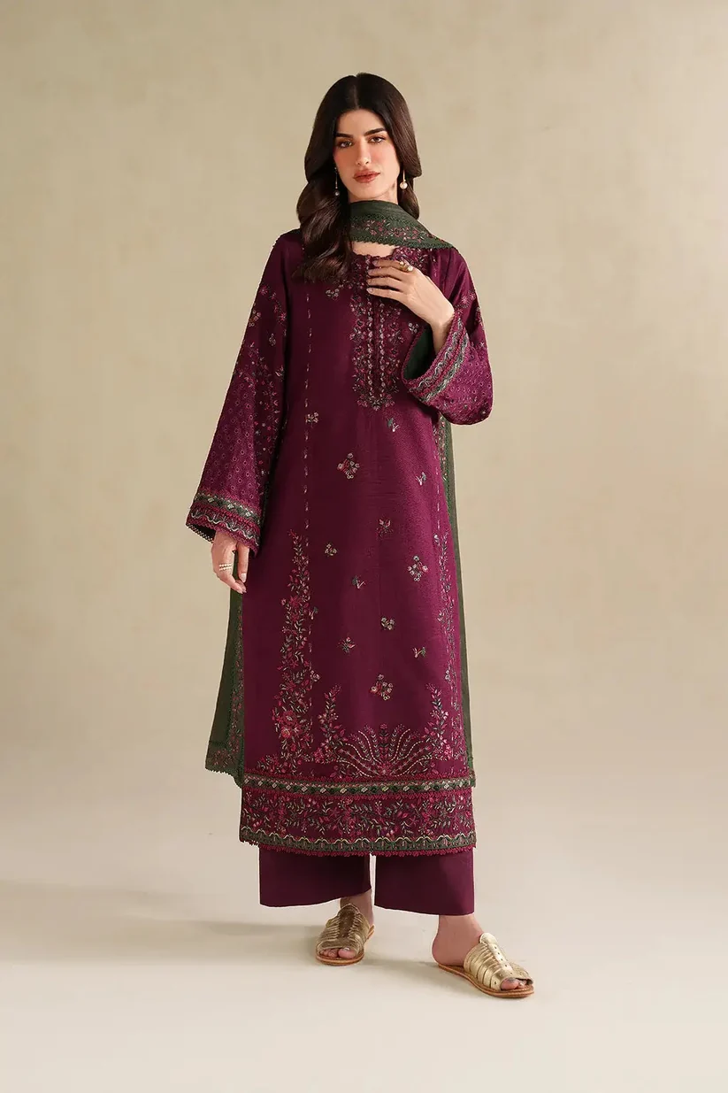 3 Piece Unstitched Embroidered Dhanak Fabric With Four-Sided Embroidered Shawl - Image 2