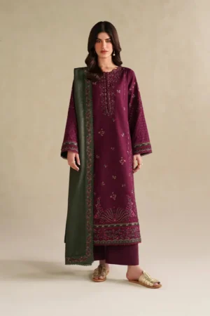 3 Piece Unstitched Embroidered Dhanak Fabric With Four-Sided Embroidered Shawl
