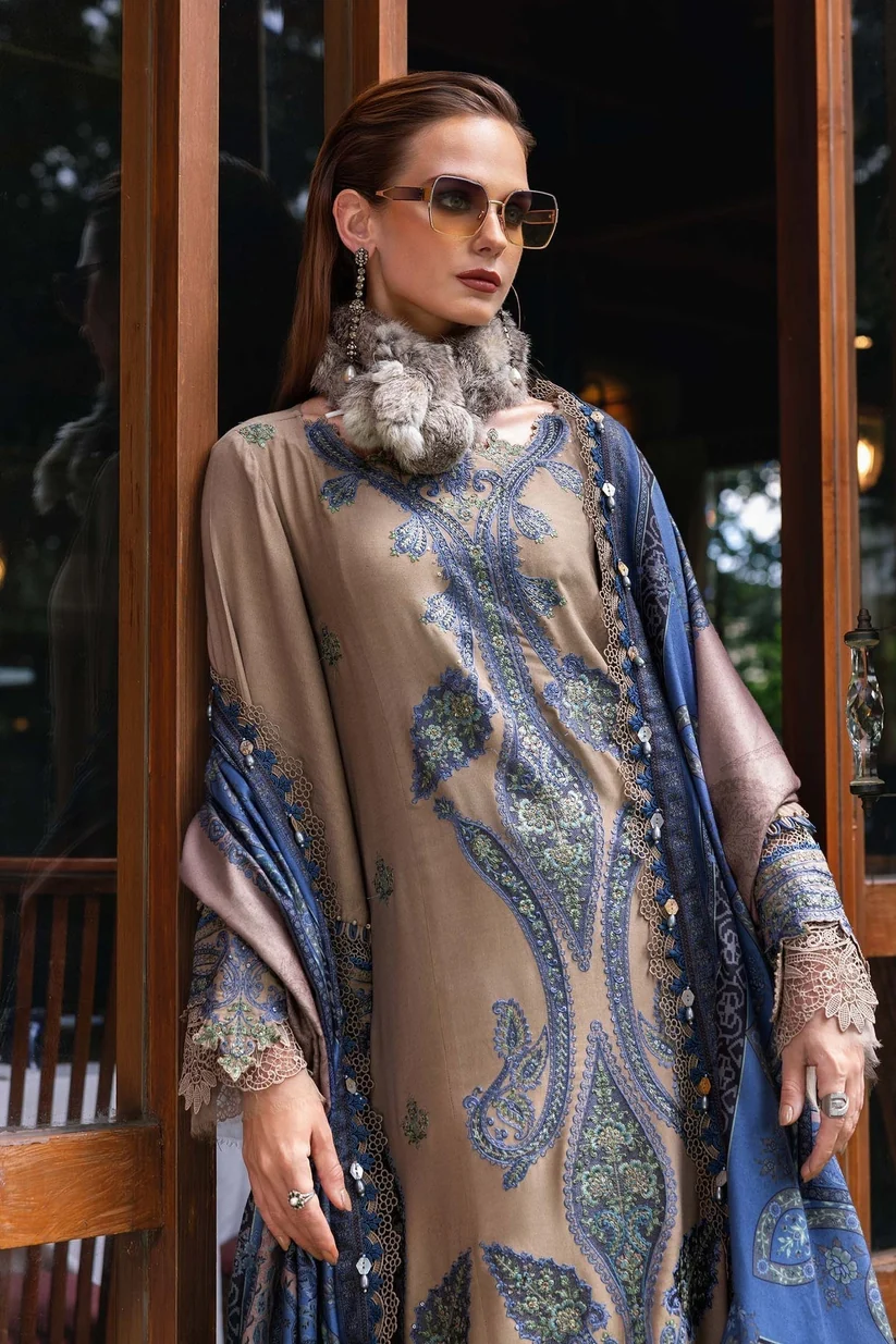3 Piece Unstitched Heavy Embroidered Dhanak Fabric With Printed Blended Shawl - Image 4