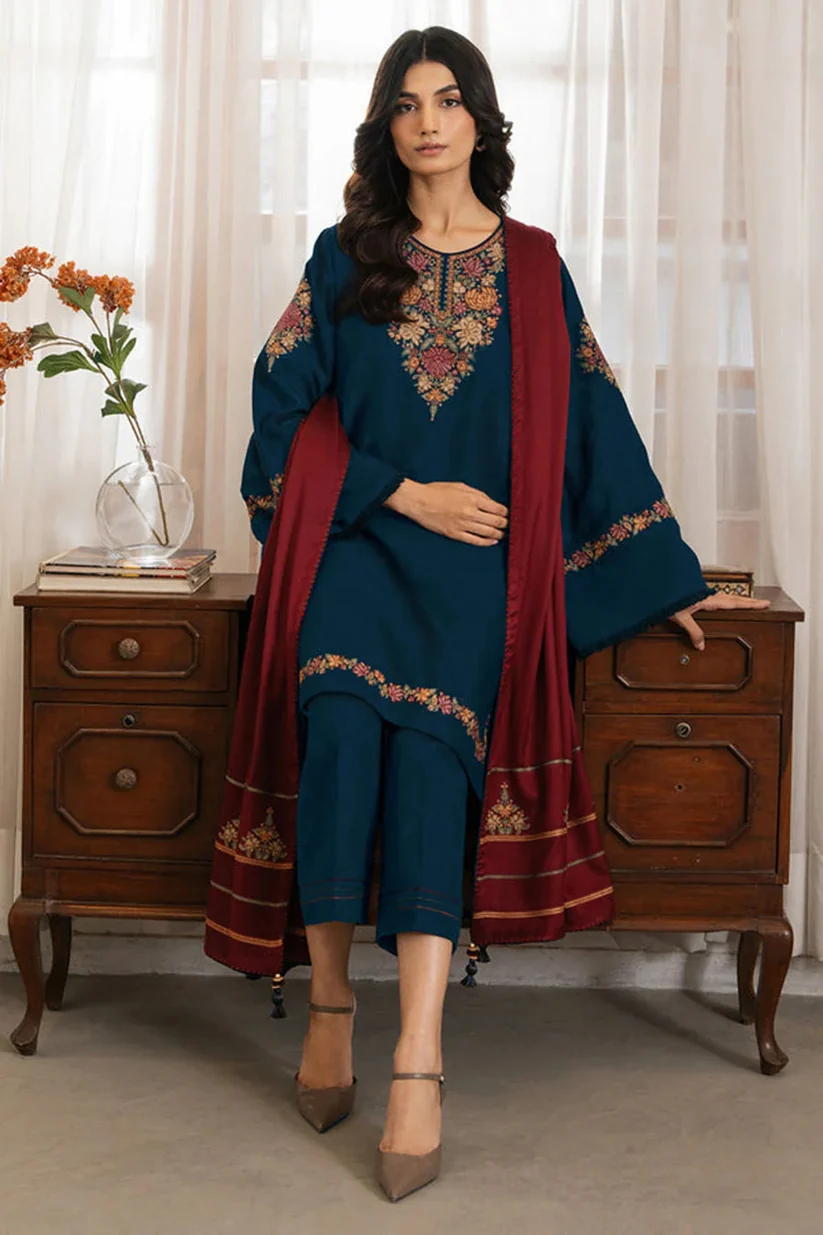 3 Piece Unstitched Embroidered Dhanak Fabric With Embroidered Dhanak Shawl - Image 3