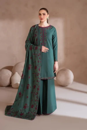 3 Piece Unstitched Embroidered Dhanak Suit With Dhanak Embroidered Shawl