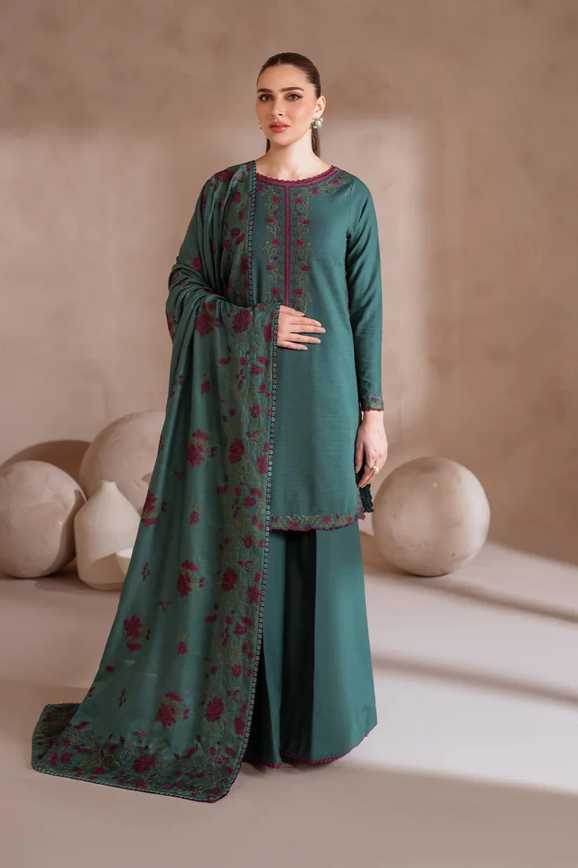 3 Piece Unstitched Embroidered Dhanak Suit With Dhanak Embroidered Shawl