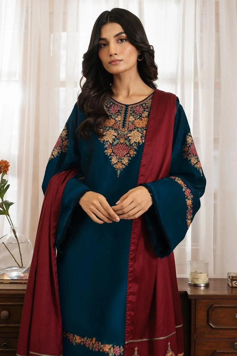 3 Piece Unstitched Embroidered Dhanak Fabric With Embroidered Dhanak Shawl - Image 2