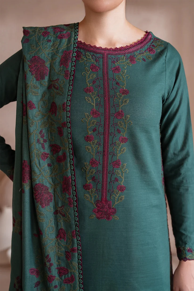 3 Piece Unstitched Embroidered Dhanak Suit With Dhanak Embroidered Shawl - Image 2