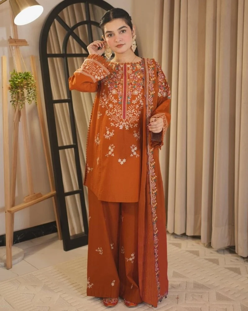 Unstitched 3 Piece Fully Embroidered Dhanak Fabric With Embroidered Dhanak Shawl - Image 6