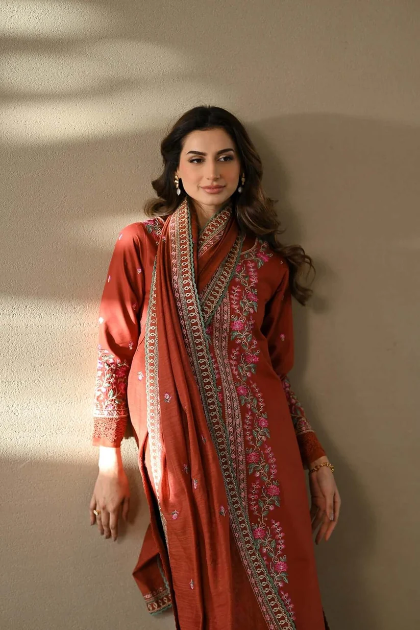 3 Piece Unstitched Embroidered Dhanak Suit With Four-Sided Embroidered Dhanak Shawl - Image 3