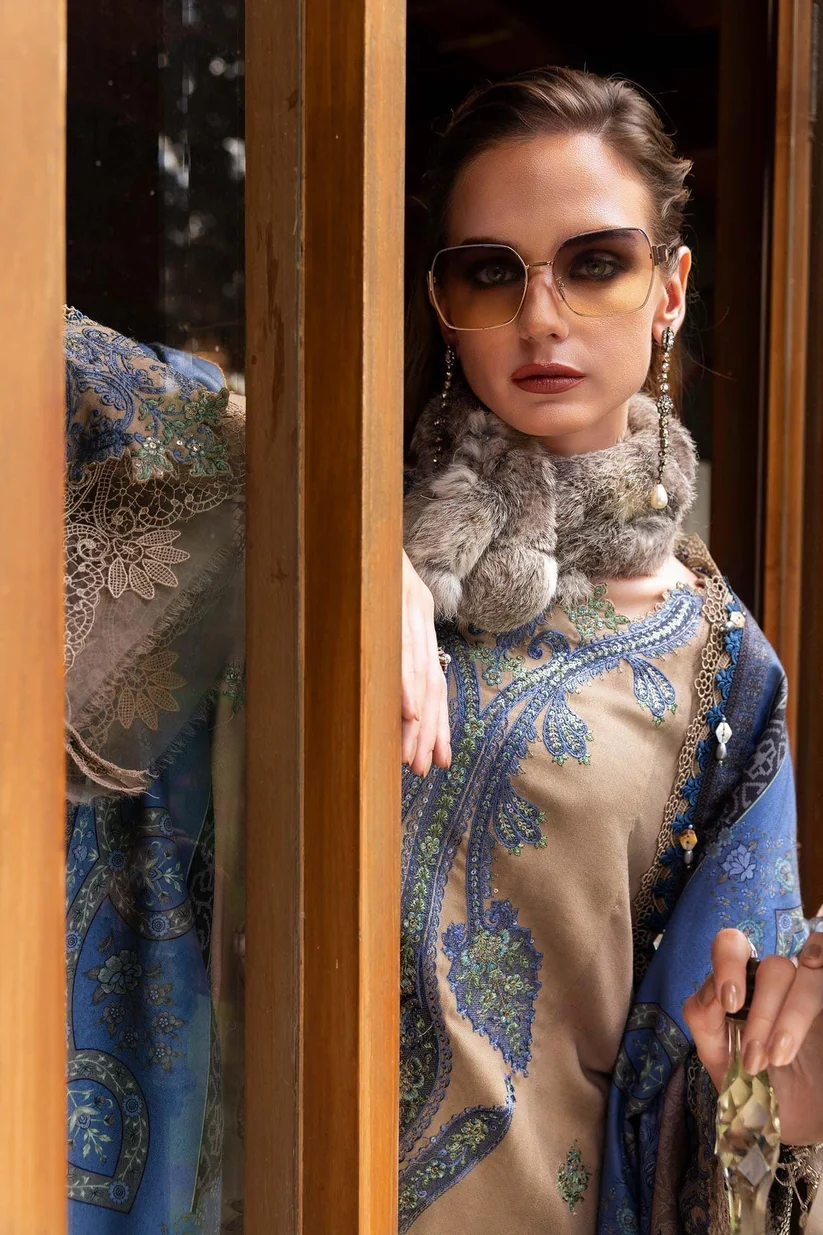 3 Piece Unstitched Heavy Embroidered Dhanak Fabric With Printed Blended Shawl - Image 3