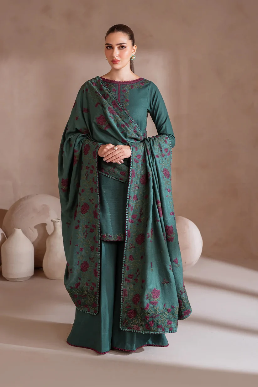 3 Piece Unstitched Embroidered Dhanak Suit With Dhanak Embroidered Shawl - Image 3
