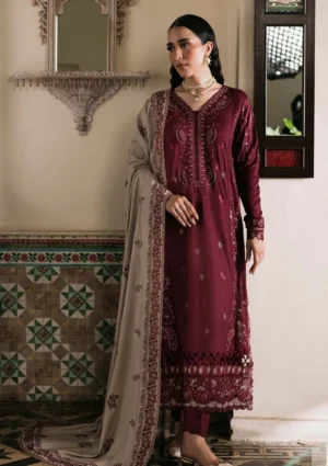 3 Piece Unstitched Embroidered Dhanak Suit With Embroidered Dhanak Shawl