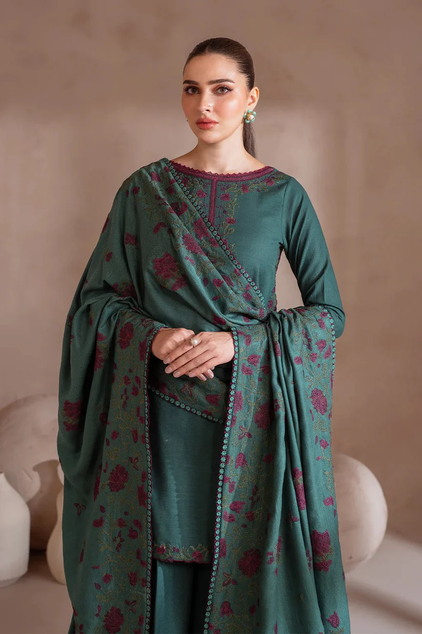 3 Piece Unstitched Embroidered Dhanak Suit With Dhanak Embroidered Shawl - Image 6