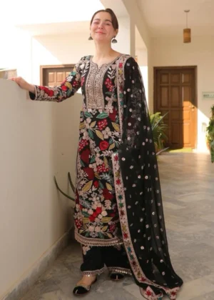 3 Piece Unstitched Embroidered Dhanak Fabric With Embroidered Chiffon Dupatta