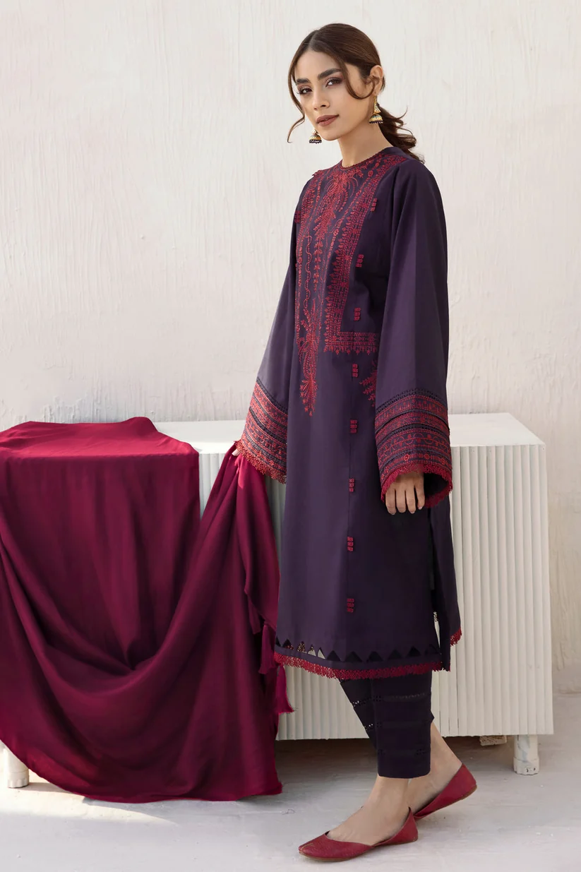 3 Piece Unstitched Embroidered Dhanak Fabric With Plain Dhanak Shawl - Image 4