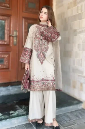 3 Piece Unstitched Embroidered Dhanak Fabric with Dhanak Embroidered Shawl