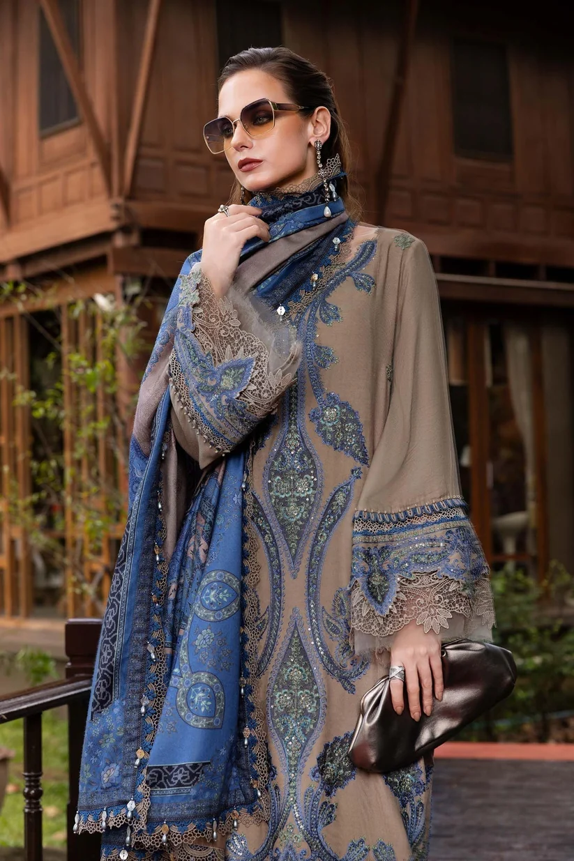 3 Piece Unstitched Heavy Embroidered Dhanak Fabric With Printed Blended Shawl - Image 2