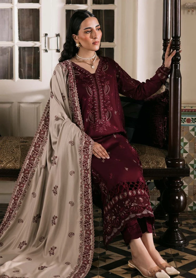 3 Piece Unstitched Embroidered Dhanak Suit With Embroidered Dhanak Shawl - Image 2