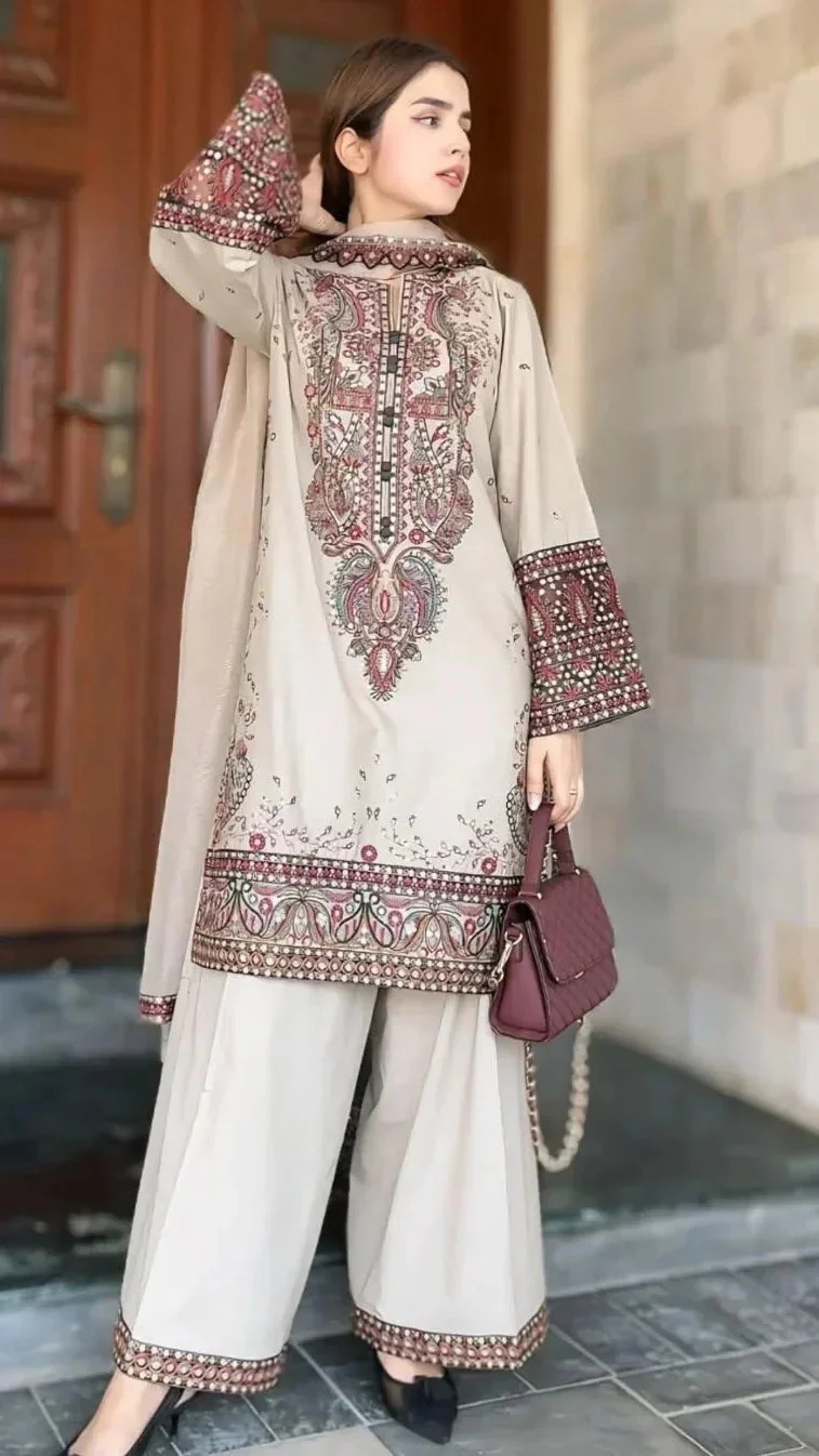 3 Piece Unstitched Embroidered Dhanak Fabric with Dhanak Embroidered Shawl - Image 5