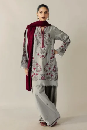 Unstitched 3 Piece Fully Embroidered Dhanak Suit with Embroidered Dhanak Shawl