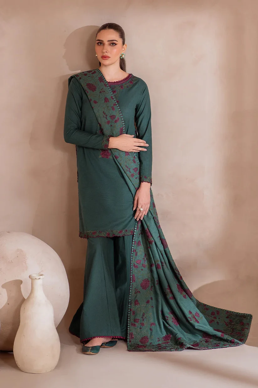3 Piece Unstitched Embroidered Dhanak Suit With Dhanak Embroidered Shawl - Image 4