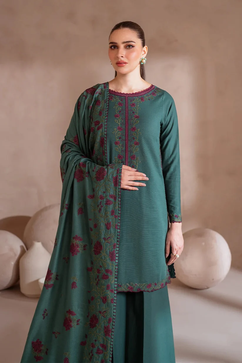 3 Piece Unstitched Embroidered Dhanak Suit With Dhanak Embroidered Shawl - Image 5