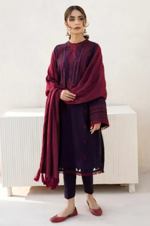 3 Piece Unstitched Embroidered Dhanak Fabric With Plain Dhanak Shawl