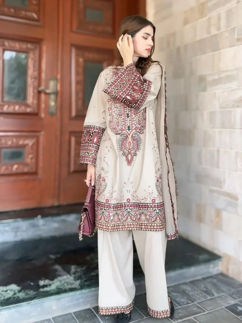 3 Piece Unstitched Embroidered Dhanak Fabric with Dhanak Embroidered Shawl - Image 3