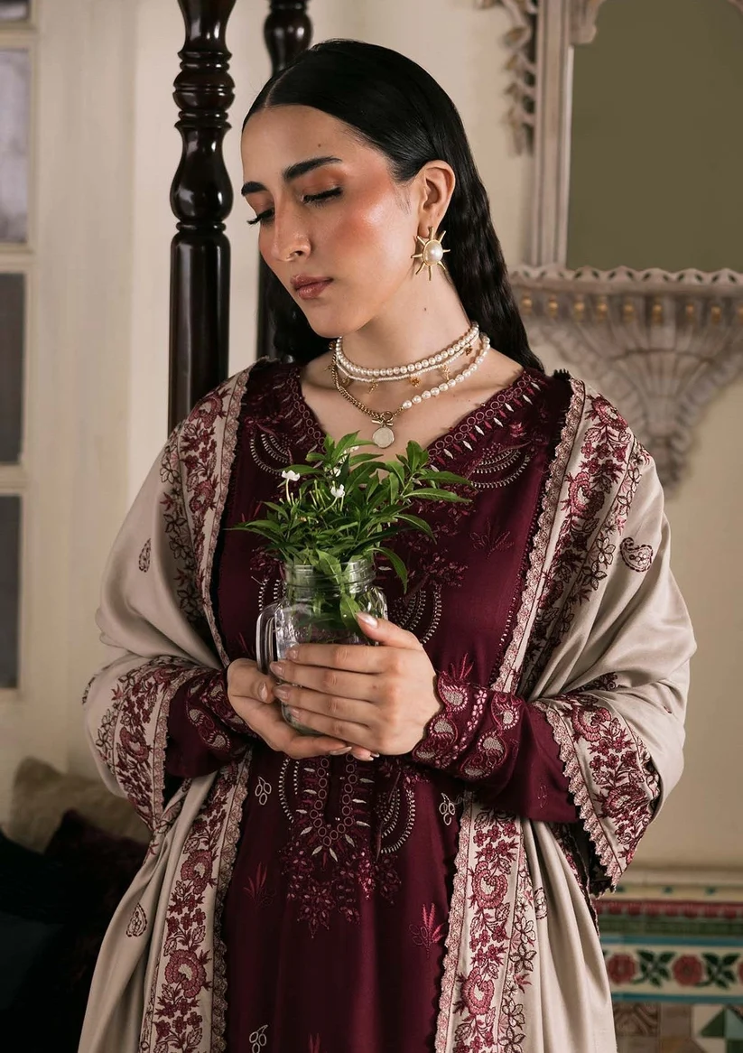 3 Piece Unstitched Embroidered Dhanak Suit With Embroidered Dhanak Shawl - Image 3