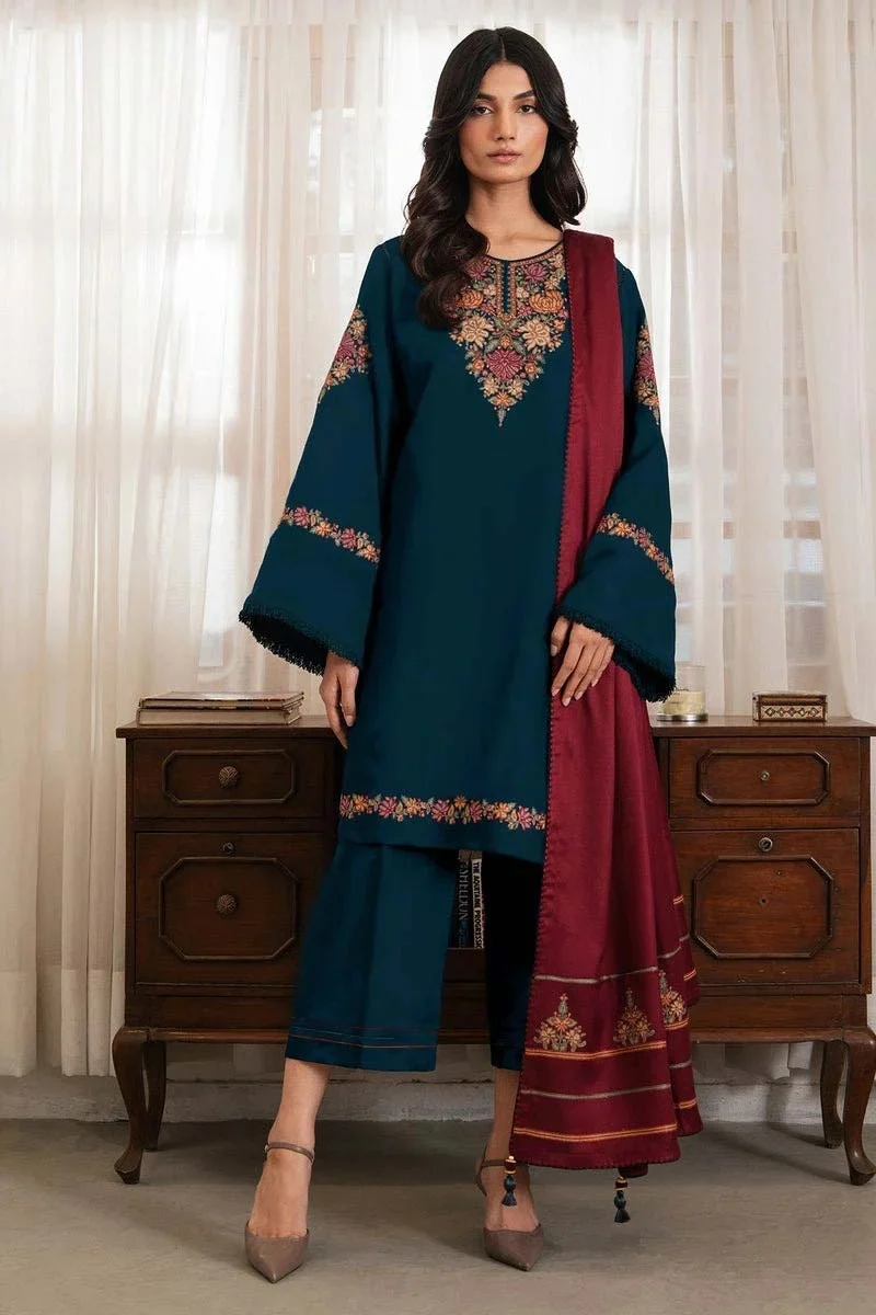 3 Piece Unstitched Embroidered Dhanak Fabric With Embroidered Dhanak Shawl