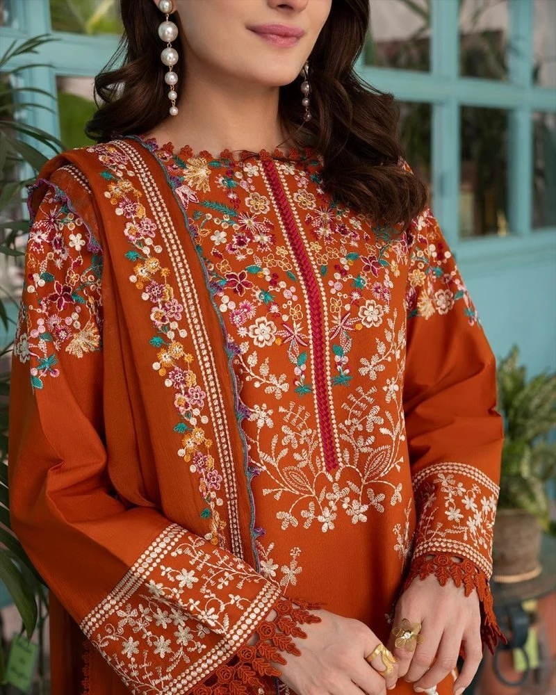 Unstitched 3 Piece Fully Embroidered Dhanak Fabric With Embroidered Dhanak Shawl - Image 3