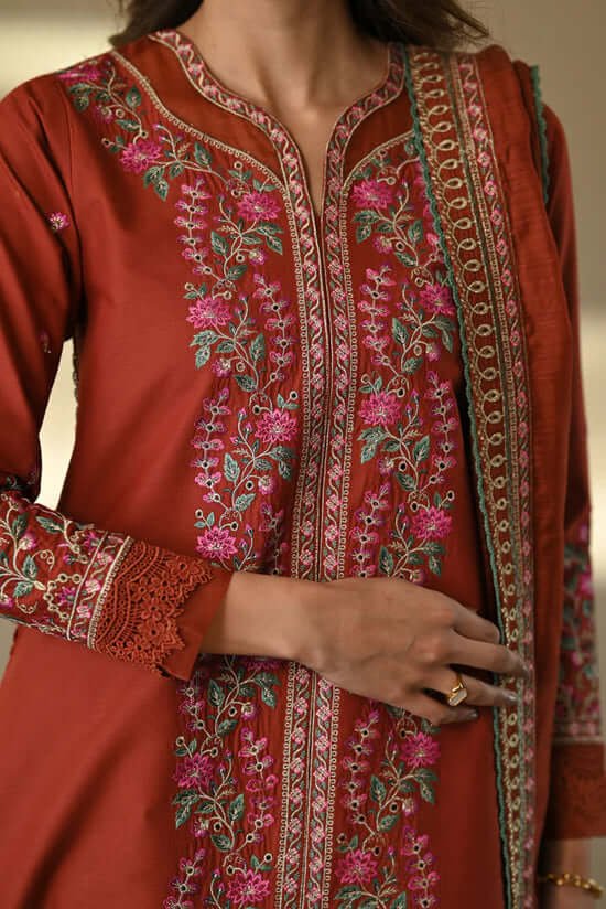 3 Piece Unstitched Embroidered Dhanak Suit With Four-Sided Embroidered Dhanak Shawl - Image 2