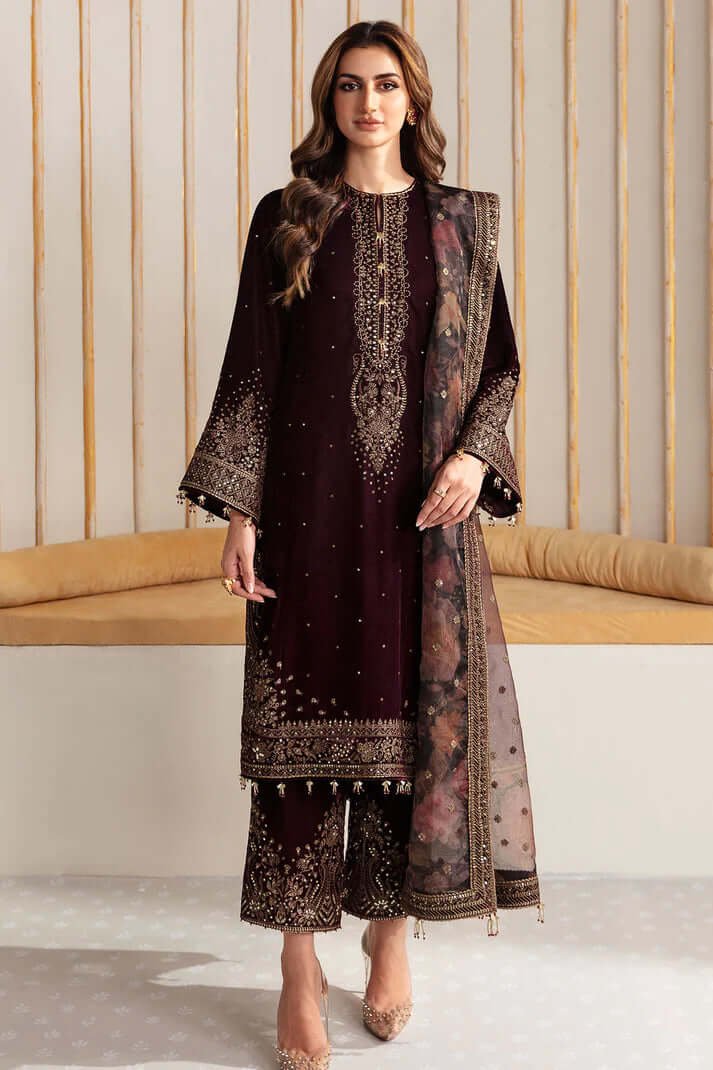 3 Piece Unstitched Heavy Embroidered Velvet Suit with Digital Printed Organza Dupatta - Image 4