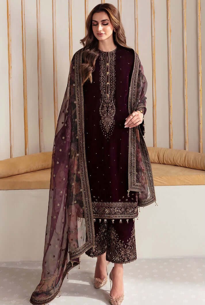 3 Piece Unstitched Heavy Embroidered Velvet Suit with Digital Printed Organza Dupatta