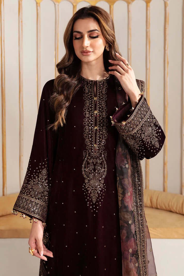 3 Piece Unstitched Heavy Embroidered Velvet Suit with Digital Printed Organza Dupatta - Image 3