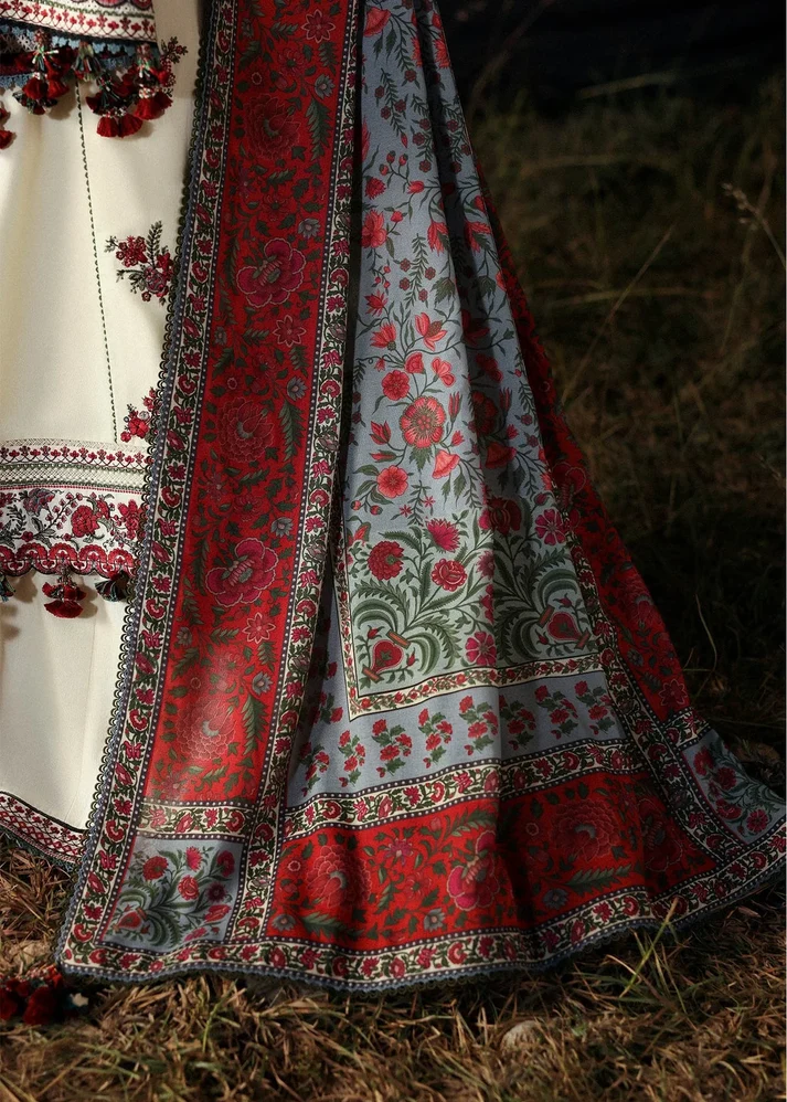 3 Piece Unstitched Fully Embroidered Dhanak Dress With Printed Blended Shawl - Image 6