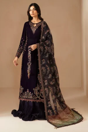 Unstitched 3 Piece Fully Embroidered Velvet Suit with Embroidered Chiffon Dupatta