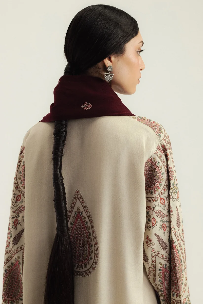 3 Piece Unstitched Fully Embroidered Dhanak Dress With Embroidered Dhanak Shawl - Image 4