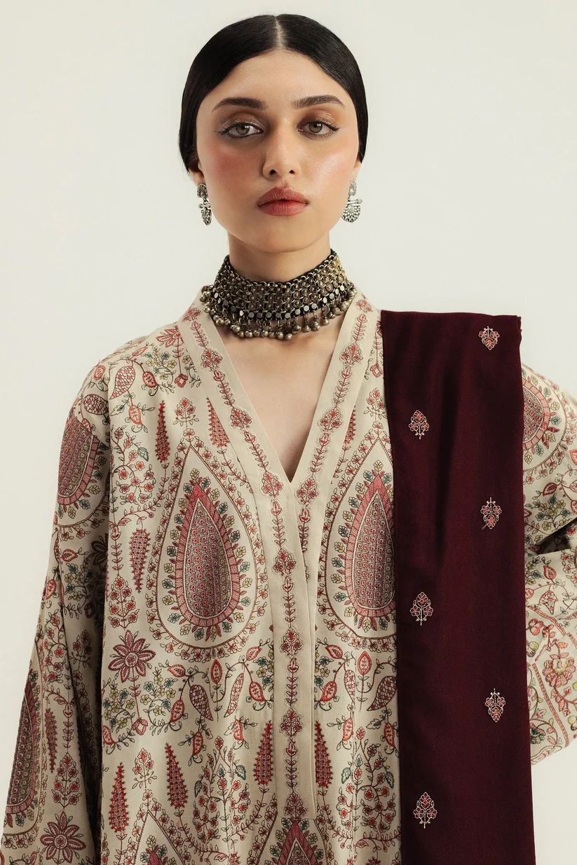 3 Piece Unstitched Fully Embroidered Dhanak Dress With Embroidered Dhanak Shawl - Image 2